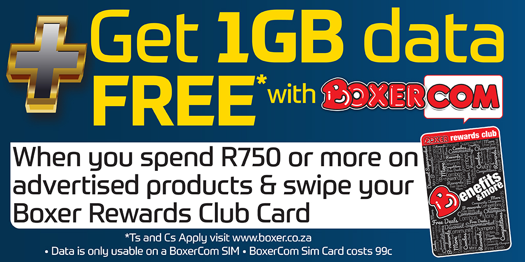 BoxerStores's tweet photo. Get 1GB FREE BoxerCom data when you shop! 🛍️
1️⃣ Spend R750+ on advertised products.
2️⃣ Swipe your Boxer Rewards Club Card.
Plus, buy 2 participating brands to enter to win your share of 3 MILLION in B Rewards! 🥳Data on BoxerCom SIM (SIM costs 99c).
#BoxerCom #BoxerStores https://t.co/aJDgM4ex5N