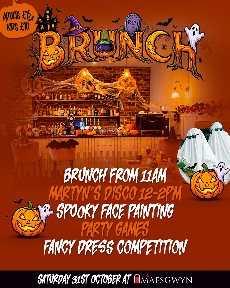 MGWrecsam's tweet photo. 🎃 HALLOWEEN BRUNCH 👻

Saturday 31st October at The Maesgwyn

 🕐 Brunch from 11am

 🎶 Martyn's Disco 12-2pm
 💀 Spooky face painting
 🎉 Party games
 🏆 Fancy dress competition

 Adults £15 - Kids £10

 BOOK NOW https://t.co/tzQx4NPfde