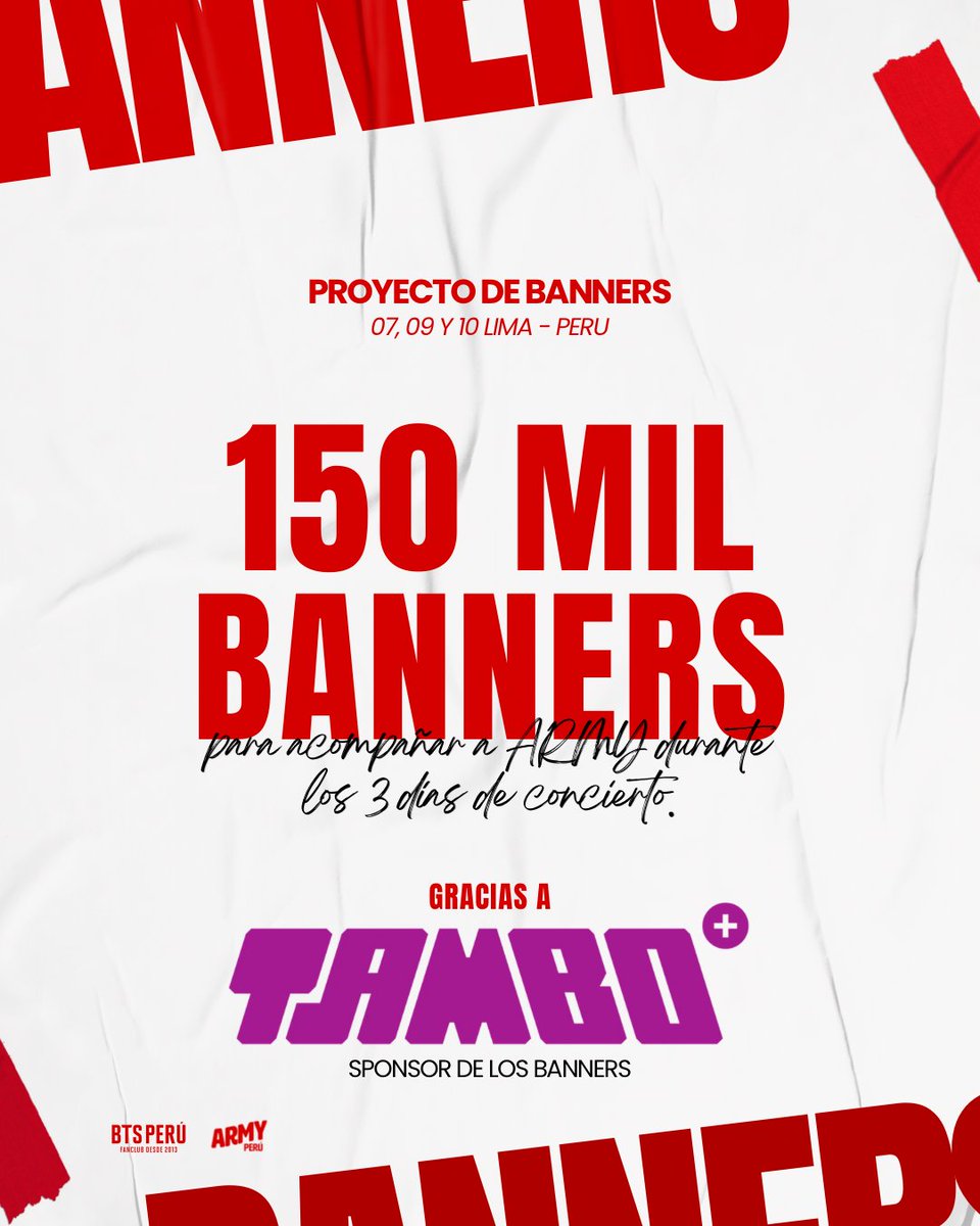 bts_peru1's tweet photo. @TamboTienda LO HIZO POSIBLE! 💜🤩

Para acompañar a ARMY en uno de los momentos más esperados, TAMBO hará posible la distribución de 150 000 banners durante los 3 días del BTS ’ARIRANG’ WORLD TOUR en Perú. 🇵🇪💜

Los banners serán entregados en las colas para que ARMY pueda llevar consigo un recuerdo especial de esta experiencia.

✨ 150 000 banners. 3 días. Una experiencia para recordar.

Gracias, TAMBO, por hacer posible este proyecto y acompañar a ARMY en este momento tan especial.

Hecho por ARMY, para ARMY. 💜

#BTSenPerú #Tambo #BTS #ARMYPerú #BTSPerú
