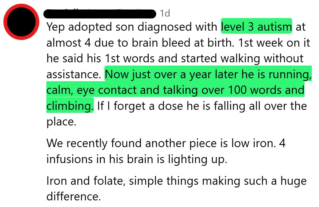 EO_Nutrition's tweet photo. Severely autistic, non-verbal 4yo child is given high-dose folate (leucovorin)

- Gains speech in the first week and learns to walk

- Can speak 100 words after 1 year, maintains eye contact and physically active

- When he misses a dose, he relapses

This treatment is insane

Testimonial from a follower