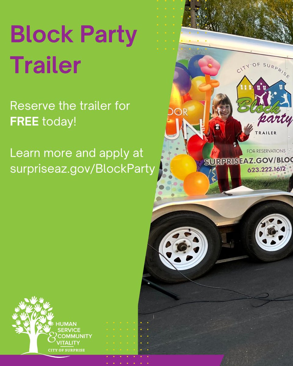 SurpriseCares's tweet photo. 🎉 Host a neighborhood block party with Surprise’s FREE Block Party Trailer. Includes tables, games, music and more. Approved parties may qualify for $150 reimbursement.

📝 Apply at least 2 weeks ahead: https://t.co/myPnERDv71

#SurpriseCares #NeighborhoodConnection #BlockParty https://t.co/kMN3V4r11W