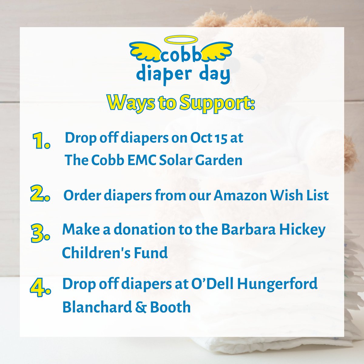 CobbDiaperDay's tweet photo. Thank you to @cobbemc and @OHBBLaw for taking part in #CobbDiaperDay2026! Thank you for supporting our community and helping us reach our goal of providing diapers to low-income families and children in need. Visit our website to learn more: https://t.co/BciPJlMKVd https://t.co/3FyBNn5ndc