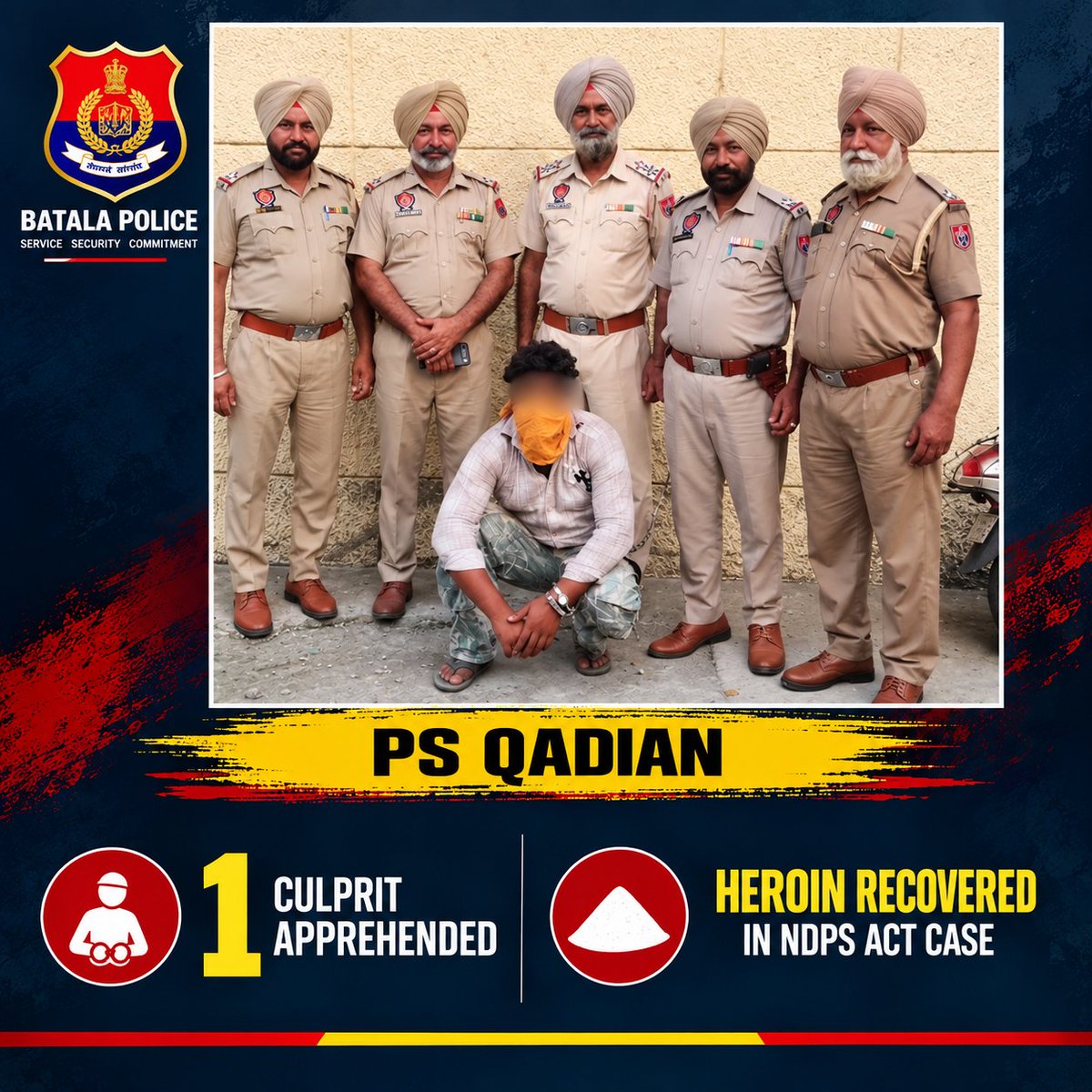 BatalaPolice's tweet photo. Batala Police (PS Qadian) apprehended 1 culprit with heroin from his possession in a NDPS Act case.
#ActionAgainstDrugs https://t.co/nnQcJ4Uu5r