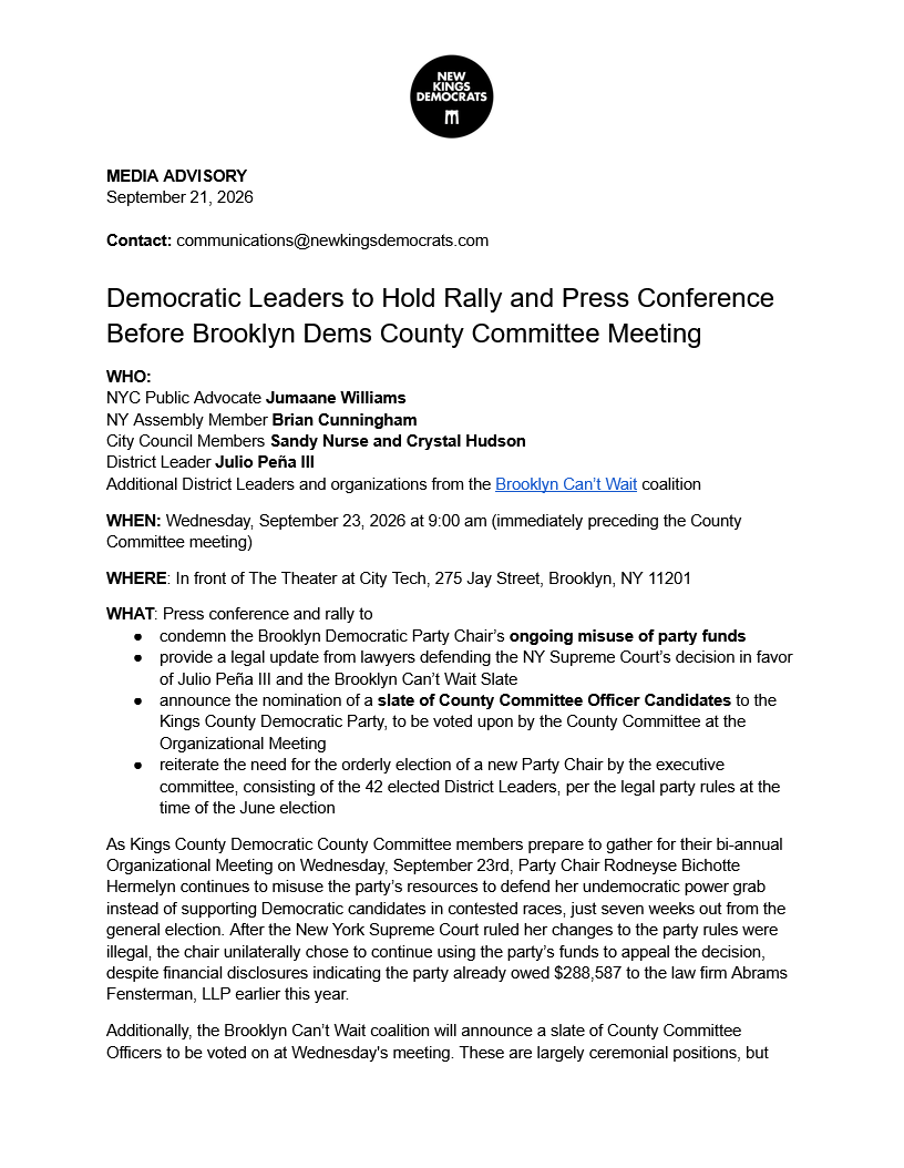 newkingsdems's tweet photo. Please join us for a rally and press conference tomorrow morning (Wednesday, 9/23) at 9 am at 275 Jay Street in Downtown Brooklyn.

Confirmed speakers include: @JumaaneWilliams, @cunninghamforny, @SandyforCouncil, @crystalforbk, and @JulioPenaNY https://t.co/tO3NVcJm5m