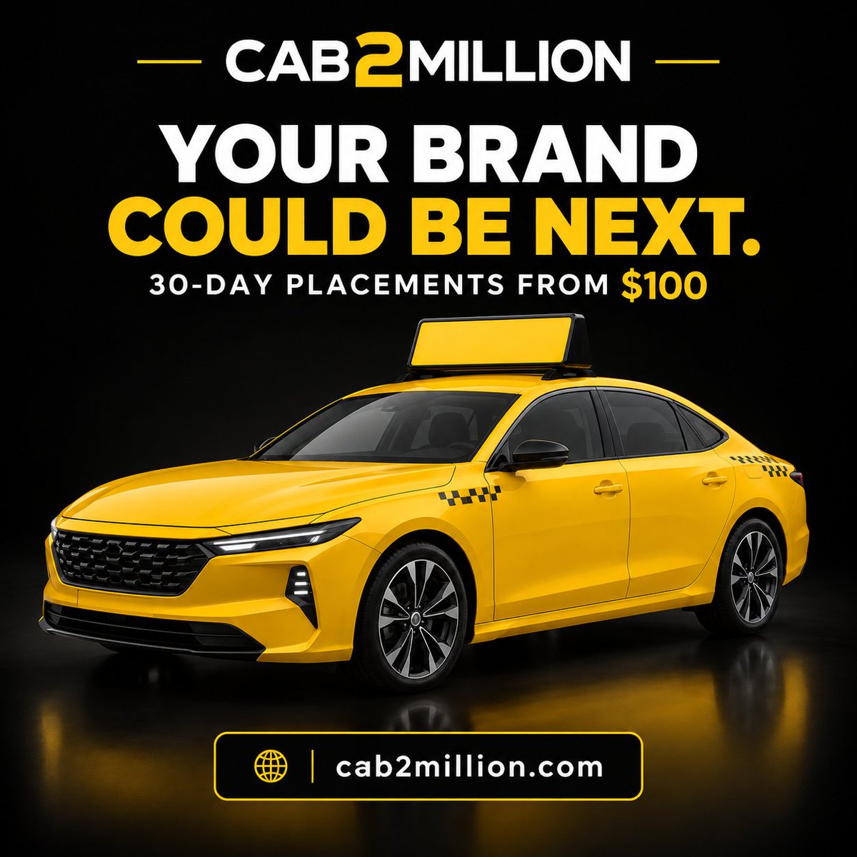 NSpass79's tweet photo. What can $100 do for your brand?
CAB2MILLION 30-day virtual ad placements start at $100.
Your creative.
Your spot.
A clickable link to your website.
https://t.co/y4Q5itNmtc

#CAB2MILLION #Advertising https://t.co/kzAMV92yCt