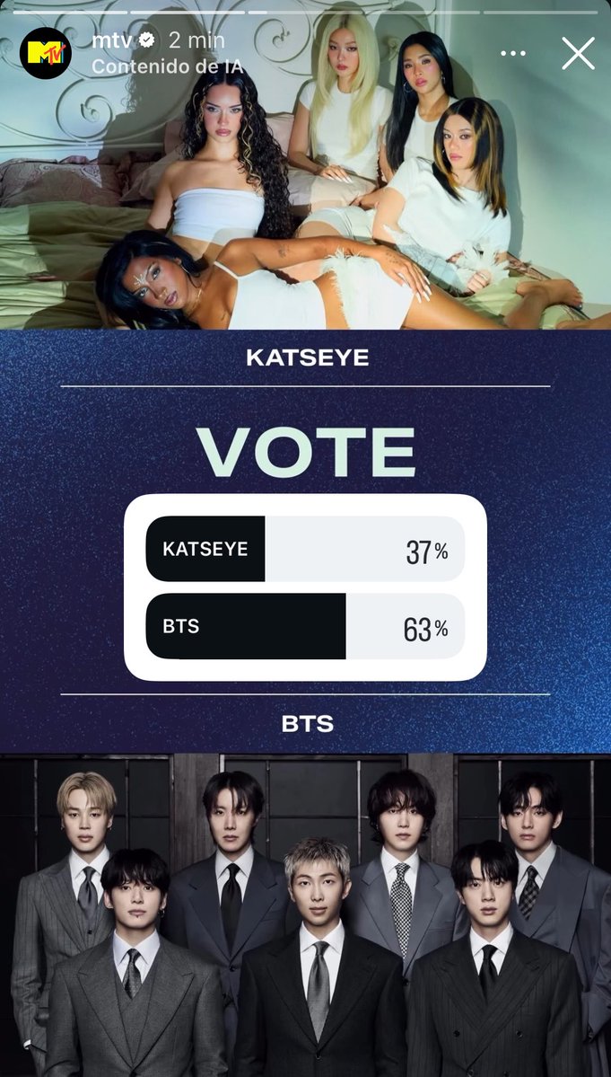 mxcharts's tweet photo. ¡Comenzó un nuevo día votación en la categoría “Best Group” de los #VMAs  2026! 

Puedes votar en las historias de Instagram de MTV dando click a #BTS en la encuesta. 

Deja tu captura de voto aquí 👇

🔗 https://t.co/uiEqW3kMPJ https://t.co/4a58BbN1Ax