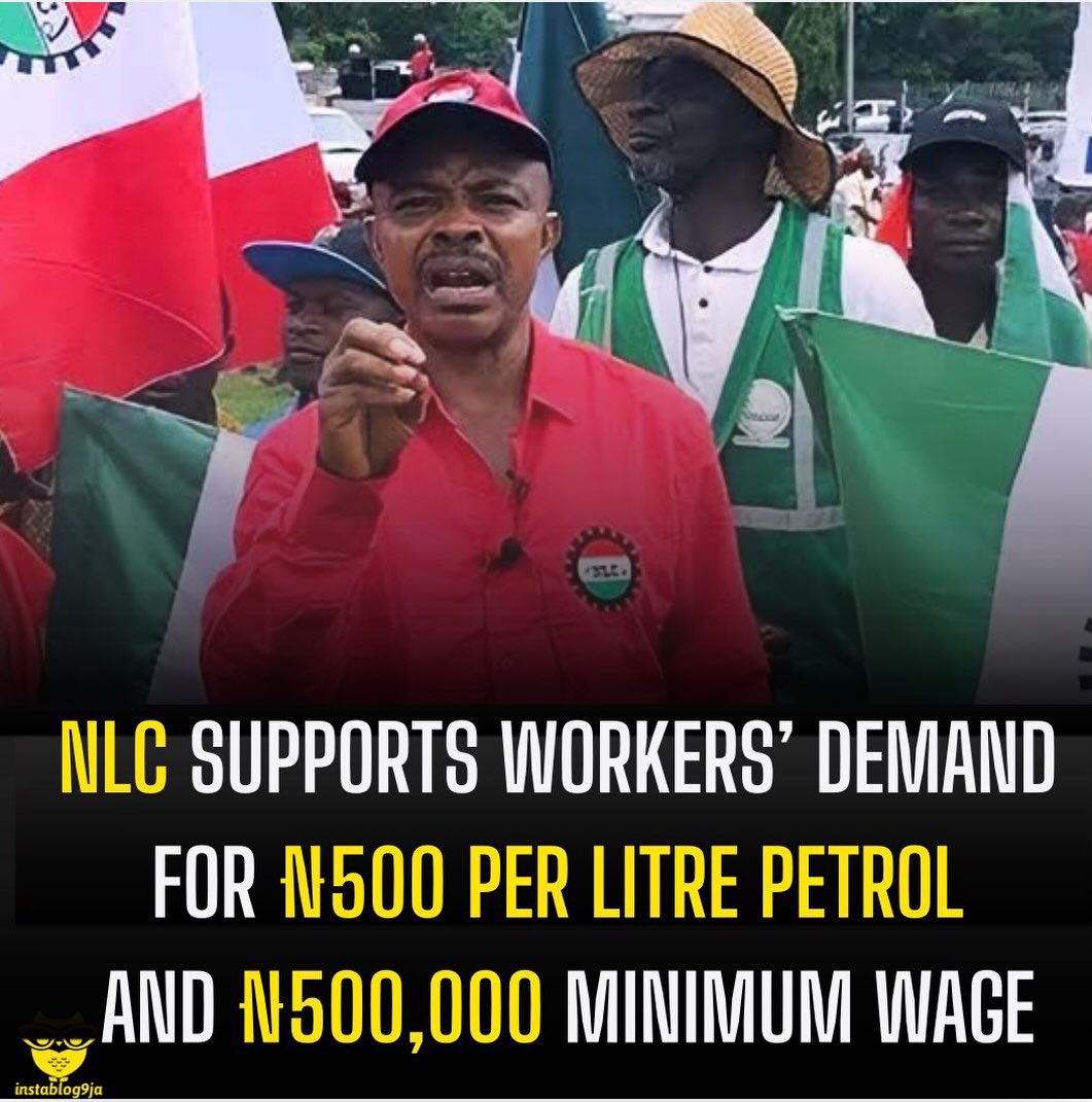 instablog9ja's tweet photo. NLC supports workers’ demand for ₦500 per litre petrol and ₦500,000 minimum wage

The Nigeria Labour Congress (NLC) has backed demands by civil servants for the Federal Government to reduce petrol to N500 per litre and raise the minimum wage to N500,000 amid worsening economic hardship.

The demands were contained in a letter to President Bola Tinubu by the Trade Union Side of the Joint National Public Service Negotiating Council (JNPSNC).

The workers also demanded an immediate wage award for federal, state and local government workers, as well as the constitution of a committee to negotiate a new national minimum wage ahead of January 2027.

They said the recent increase in petrol prices to N1,430 per litre and above in some locations had further worsened the cost-of-living crisis. The workers gave the government until September 30, 2026, to act on their demands.

The council rejected food palliatives as a sustainable solution, saying: “It has dawned on Nigerian workers that the provision of palliatives, such as bags of rice, Indomie, vegetable oil, garri, among other edible foods, is as good as weaponising Nigerians with poverty because it is a pyrrhic intervention which is unsustainable, inaccessible to the majority of Nigeria’s population and also limited to political cronies.”

The workers instead proposed a fuel intervention fund to bring petrol down to N500 per litre, saying the move would have a multiplier effect across the economy.

They also urged government to look inward and stabilise the prices of fuel to an affordable minimum,describing the current PMS price of N1,430 or more as a k+lling amount.

The JNPSNC proposed that an officer on Grade Level 01, Step 1, should earn N500,000 monthly under the 2027 salary template and called for harmonised wages across MDAs.

Backing the demands, NLC Acting General Secretary Benson Upah said: “The demand for a wage award and reduction in the pump price of fuel are very realistic and long overdue.”

He added that rising fuel prices were affecting transportation, food, school fees and other essential expenses.