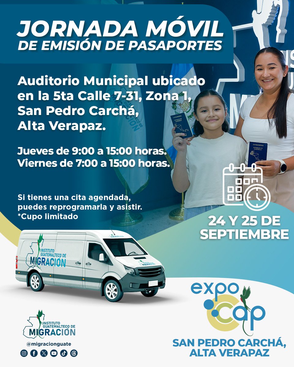 MigracionGuate's tweet photo. #Pasaportes |🔔Recordatorio: Este jueves y viernes tramita tu pasaporte en la Jornada Móvil de #ExpoCAP, en San Pedro Carchá, Alta Verapaz. ¡Te esperamos! ✈️🛂 https://t.co/haQUdZmNL0