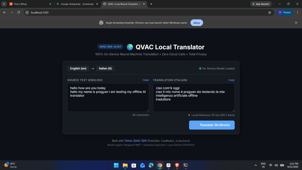 Erupteaeu's tweet photo. Built a local Al translator using Tether's
QVAC SDK!
X

🇬🇧English-
🇮🇹 i talian translation running
on-device with no cloud Al calls.
Uses QVAC loadModel() + translate() for local inference.

GitHub:  https://t.co/YYGOXuGBA6

@qvac

#QVAC #Loca|AI #OnDeviceAI https://t.co/Kz1fdmt4Bn