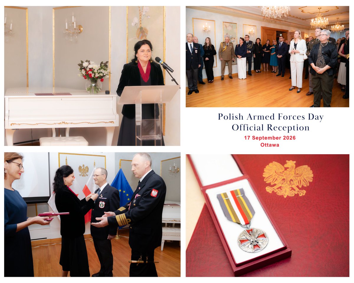 PLinCanada's tweet photo. 🇵🇱 On 17 September, we marked Polish Armed Forces Day at the Embassy of Poland in Ottawa. Chargée d’Affaires a.i. Arletta Brzozowska and Defence Attaché, Captain (Navy) Paweł Podgórny, welcomed friends and Allies to the official reception.

Observed in Poland on 15 August, Polish Armed Forces Day recalls the Polish victory in 1920 that halted the Soviet advance into Europe. 17 September marks the Soviet invasion of Poland in 1939. The symbolism of these dates reminds us of the lessons of the past as we look firmly to the future.

💬 In their remarks, Chargée d’Affaires a.i. and Captain (Navy) conveyed a clear message: Poland is strengthening its Armed Forces through modernisation, increased defence spending, training and growing military capabilities for defence purposes. But Poland is not only equipped with the gear. Poland has Allies, and our Allies have Poland.

🇨🇦 Vice-Admiral Angus Topshee, Vice Chief of the Defense Staff of the Canadian Armed Forces, highlighted historical bonds between our countries, as well as shared commitment to NATO today. As an example recalled the Battle of the Atlantic and longstanding cooperation of the Polish and Canadian Navies. Admiral also noted with a smile that pronouncing names such as ORP Błyskawica can occasionally be a challenge, giving rise to its wartime nickname, “bottle of whiskey.”

🏅 Sharing the history of the Polish Armed Forces with audiences internationally is an important part of showcasing their traditions and peaceful activities. Mr Edward Poznański has devoted many years to this work in Canada. In recognition of his role as a custodian and promoter of the history of the Polish Armed Forces, he was awarded the Silver Medal of the Polish Armed Forces by the Minister of National Defence of Poland.

🤝 We thank everyone who joined us, and we salute the women and men of the Polish Armed Forces, past and present, who stand in defence of Poland and our Allies. Dziękujemy za Waszą służbę! Thank you for your service!

***

@Polska, @MON_GOV_PL, @CanadianForces, @RoyalCanNavy