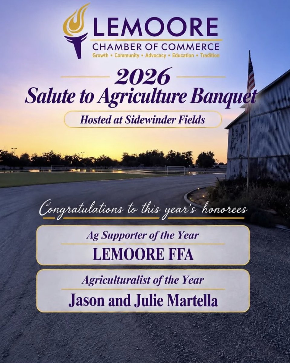 LemooreChamber's tweet photo. ✨SALUTE TO AG 2026✨

It’s not too late to get your tickets to the 30th Annual Salute to Agriculture Banquet! 🎉

🤩Join the fun! Reserve your table and get your tickets for the banquet today! 🎟️

🌐Visit https://t.co/QQ5Fsbc9vc today to learn more! https://t.co/pmScbC1xqh