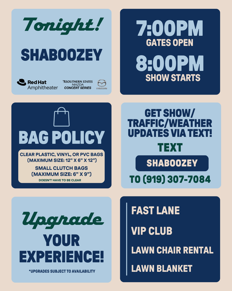 RedHatAmp's tweet photo. TONIGHT (9/22)! Shaboozey - Outlaws Never Die Tour with Noeline Hofmann at Red Hat Amphitheater!

🎟️ 2 FOR $55 TICKETS: https://t.co/PJtTKfIx4r
📱 SIGN UP FOR TEXT ALERTS: https://t.co/PicrMvVwGM
⭐ UPGRADES: https://t.co/x7IrPrGmIH
❤️ VENUE POLICIES: https://t.co/qWTZumlrOL https://t.co/RLZijpLYoy