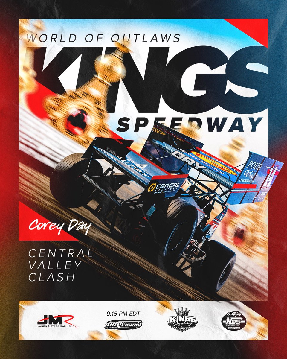 JMRacing14's tweet photo. • RACE DAY •

Track: Kings Speedway
Driver: @corey_day_ 
Series: @WorldofOutlaws 
Broadcast: @dirtvision | 9:15 PM EST 

#sprintcars #racing #motorsports #coreyday https://t.co/gqKpB3RTgm