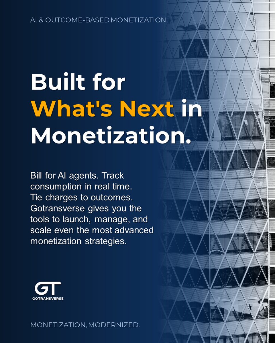 Gotransverse's tweet photo. AI agents. Track consumption in real time. Tie charges to outcomes. Gotransverse helps you launch, manage, and scale advanced monetization strategies. https://t.co/KV7rQAnaqL #AIBilling https://t.co/jRb8mgnEyf