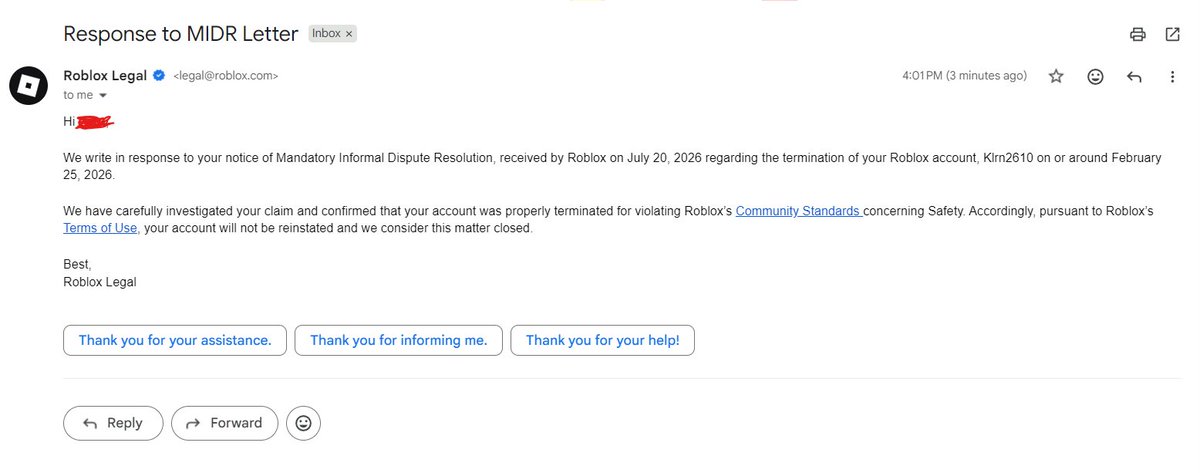 Klrn2610's tweet photo. AN UPDATE ON MY BAN:
So @Roblox just rejected my MIDR. I honestly don't know what to say, I don't even think they read it fully since it was extremely long
What do I do next? Im stuck and I feel theyre just gonna skip all my future MIDRs if I ever send more
My account is Klrn2610 https://t.co/IVv0HBQU7z