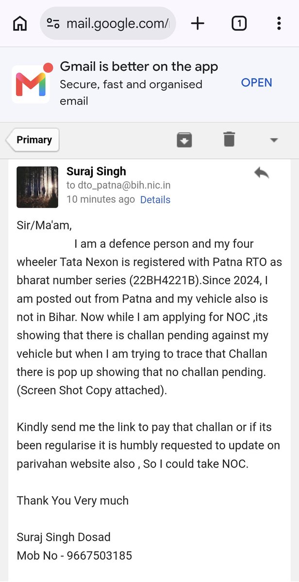 starsuraj's tweet photo. @BiharTransport @samrat4bjp @mParivahanteam
Jai Hind Sir ,
While applying for NOC from Patna RTO there is showing that one challan is pending against my vehicle No 22BH4221B , but while I am going to pay that challan its showing that challan not found .Kindly update in system🙏 https://t.co/QAVY8MDmNk
