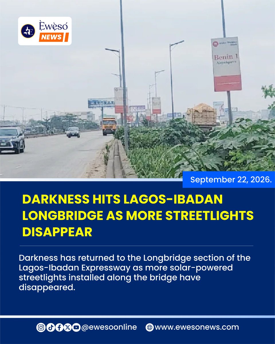 ewesoonline's tweet photo. Darkness has returned to the Longbridge section of the Lagos-Ibadan Expressway as more solar-powered streetlights installed along the bridge have disappeared.

Read more: https://t.co/xvRPstLrAs https://t.co/k28I0fuLc3