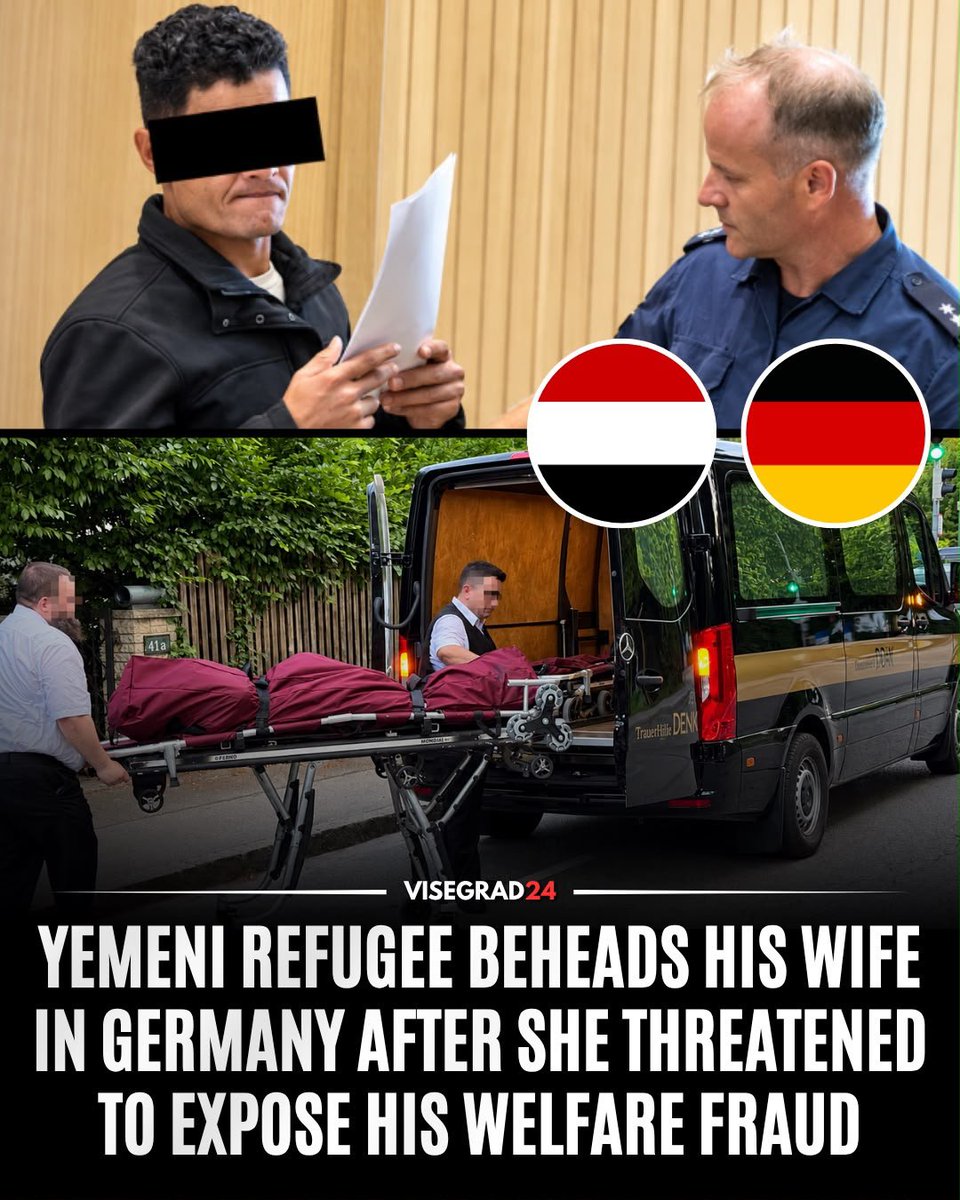 visegrad24's tweet photo. A 37-year-old Yemeni refugee is on trial in Germany accused of nearly beheading his 29-year-old wife after she planned to expose a scheme in which he passed off two unrelated children as his own to obtain German welfare payments.

After Danon Mohammed Saeed G. arrived in Germany in 2022, he applied for benefits for the family and received around €3,700 for the two unrelated children.

Prosecutors revealed that his brother had previously used a similar scheme after arriving in Germany in 2019.

The indictment also describes repeated domestic violence. He beat Shahirah, his wife, with a wooden stick, locked her in a bathroom for hours, confiscated her passport, locked the home to prevent her from escaping, and threatened to kill her and members of her family in Yemen. Police imposed restrictions and a no-contact order after she reported him, but prosecutors say he repeatedly returned and continued threatening her.

Shahirah wanted a divorce, maintained her criminal complaints and planned to tell German authorities about the suspected welfare fraud. Prosecutors reveal that on June 14, 2025, her husband bought a kitchen knife with a 15-centimeter blade at a Munich supermarket and went to the family's home in Krailling, near Munich.

When Shahirah fled into the bathroom and locked the door, he kicked it in, stabbed her repeatedly and, while she was still conscious, almost completely severed her head from her body. Their four-year-old daughter was inside the apartment during the killing. He subsequently called police himself, and all six children, including his four own children, aged four to ten, were taken into state care.