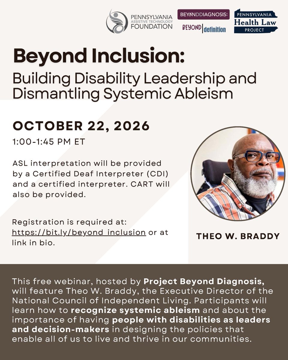 PennsylvaniaATF's tweet photo. Join us Oct. 22 at 1 PM ET for Beyond Inclusion: Building Disability Leadership and Dismantling Systemic Ableism. Explore #SystemicAbleism, #DisabilityLeadership, meaningful decision-making, and “Nothing About Us Without Us.”
Free registration required: https://t.co/pY8PN6YhYY https://t.co/22Gf0vt5CG
