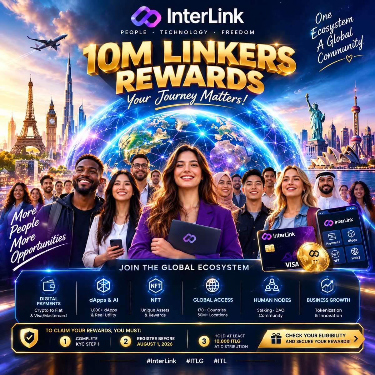 Nazancem34's tweet photo. 10M Linkers is more than a milestone—it’s a global ecosystem connecting people, digital identity, payments, dApps, NFTs, and real-world utility across the world. Complete KYC, meet eligibility requirements, and claim your rewards. #InterLink #ITLG #ITL 
@kv_interlink @reina_itl https://t.co/FWboryXd50