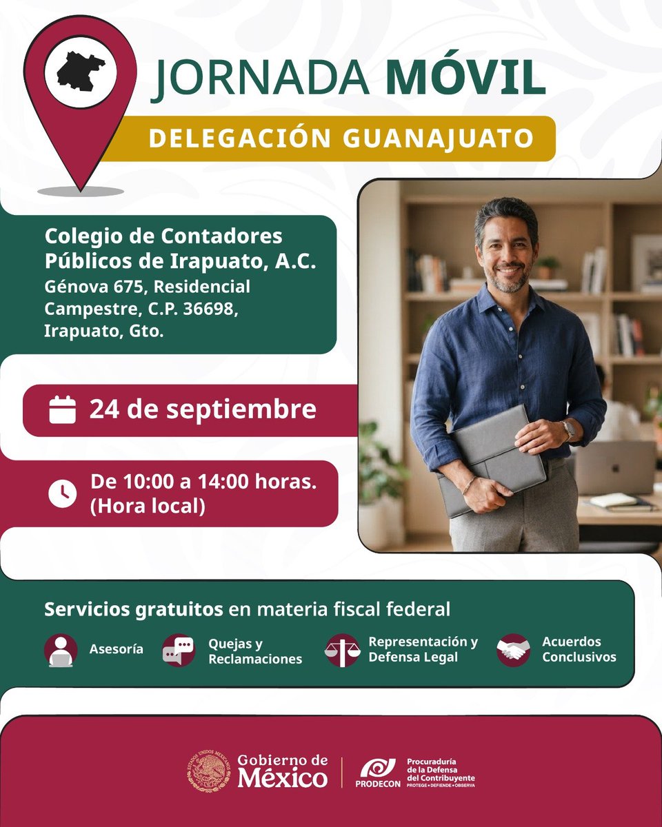 ProdeconMexico's tweet photo. 📍 ¡Jornada Móvil en Guanajuato!

Llevamos nuestros servicios gratuitos hasta Irapuato. ¡Acércate! 🧡

📅 24 de septiembre
🕐 10:00 a 14:00 horas (hora local)

✅ Asesoría
✅ Quejas y reclamaciones
✅ Representación y defensa legal
✅ Acuerdos Conclusivos

Todo esto, sin costo. 📋

#PRODECONProtegeTusDerechos
