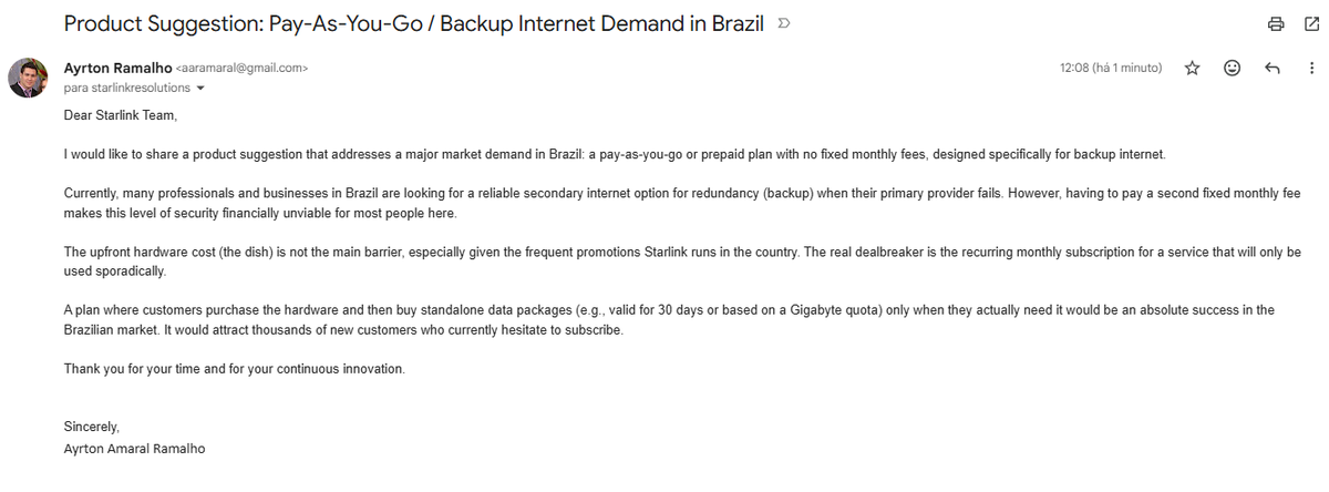 aaramaral's tweet photo. @Starlink @SpaceX @elonmusk We need a "pay-as-you-go" plan for backup internet in Brazil! 🇧🇷

Buying the hardware is fine, but paying a fixed monthly fee for a secondary connection is too expensive. Selling on-demand data packs would bring thousands of new customers! 🛰️💡 https://t.co/xKpjyIjzvm
