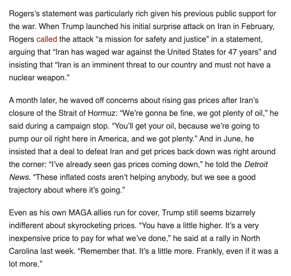 samstein's tweet photo. Quite the evolution from Mike Rogers on Iran.

February: it's a mission for "safety and justice" 
March: "We're gonna be fine. We got plenty of oil."
June: “I’ve already seen gas prices coming down"
This week: the war "needs to end." 

https://t.co/pMEQhICX1M https://t.co/VgfBxRN9kE