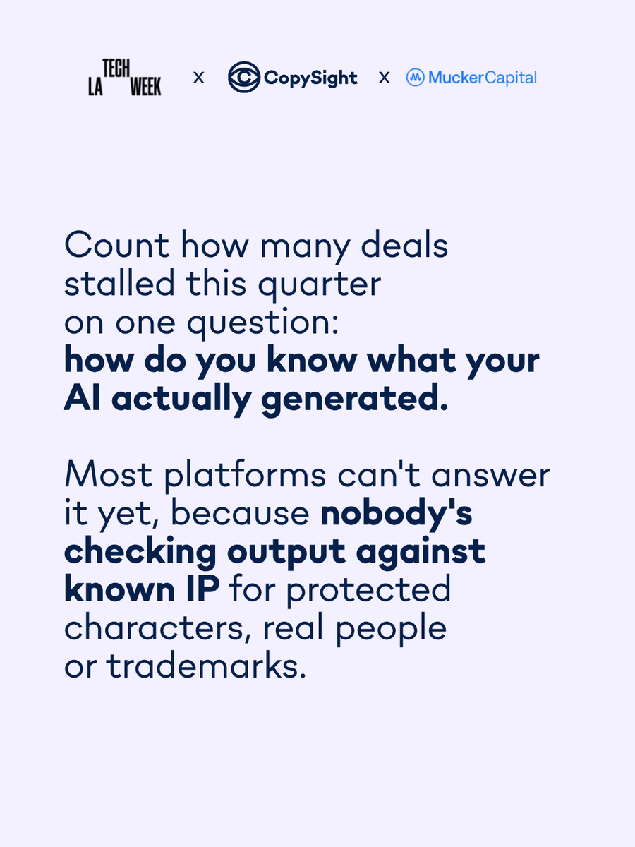 CopySightAI's tweet photo. @Tommyartist  is speaking at @Techweek_   in LA on October 12 on AI disruption in media and entertainment. For platform founders, the panel lands on the exact question we hear every week: how do you prove what your AI actually generated.

@mucker hosts the event in Los Angeles. 
Here is where we'll be present: 

𝗔𝗜 𝗦𝘁𝗮𝗿𝘁𝘂𝗽 𝗗𝗶𝘀𝗿𝘂𝗽𝘁𝗶𝗼𝗻 𝗶𝗻 𝗠𝗲𝗱𝗶𝗮 & 𝗘𝗻𝘁𝗲𝗿𝘁𝗮𝗶𝗻𝗺𝗲𝗻𝘁
October 12 | 2–4 PM
Featuring Tommy Petrov of CopySight AI, Tracy Maddux of beatBread, Joseph Newfield of Waffle Video, Sammi Alani of https://t.co/VvtOLSBBzz, and Vejay Lalla of Manatt, Phelps & Phillips, LLP.

Built for founders, early-stage gets priority, seats are limited. RSVP via this link: https://t.co/i3ZdV7na8b