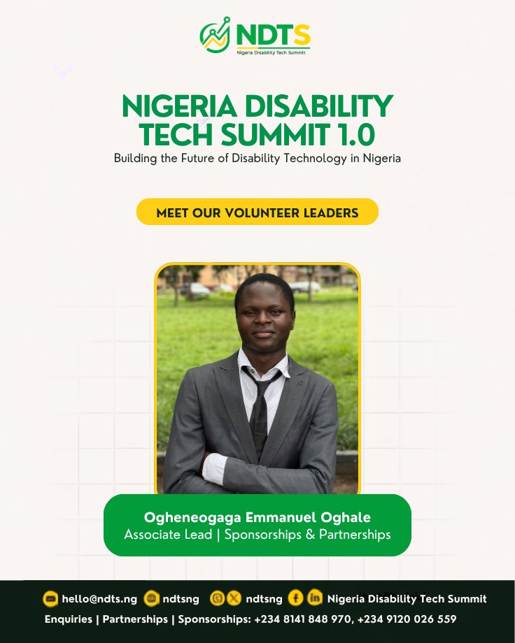 ndtsng's tweet photo. Meet Ogheneogaga Emmanuel Oghale, our Associate Lead, Sponsorships &amp; Partnerships for NDTS 1.0. 💚 Welcome aboard! 🤝 #NDTS2026 #NigeriaDisabilityTechSummit https://t.co/xJuVBqGUEz