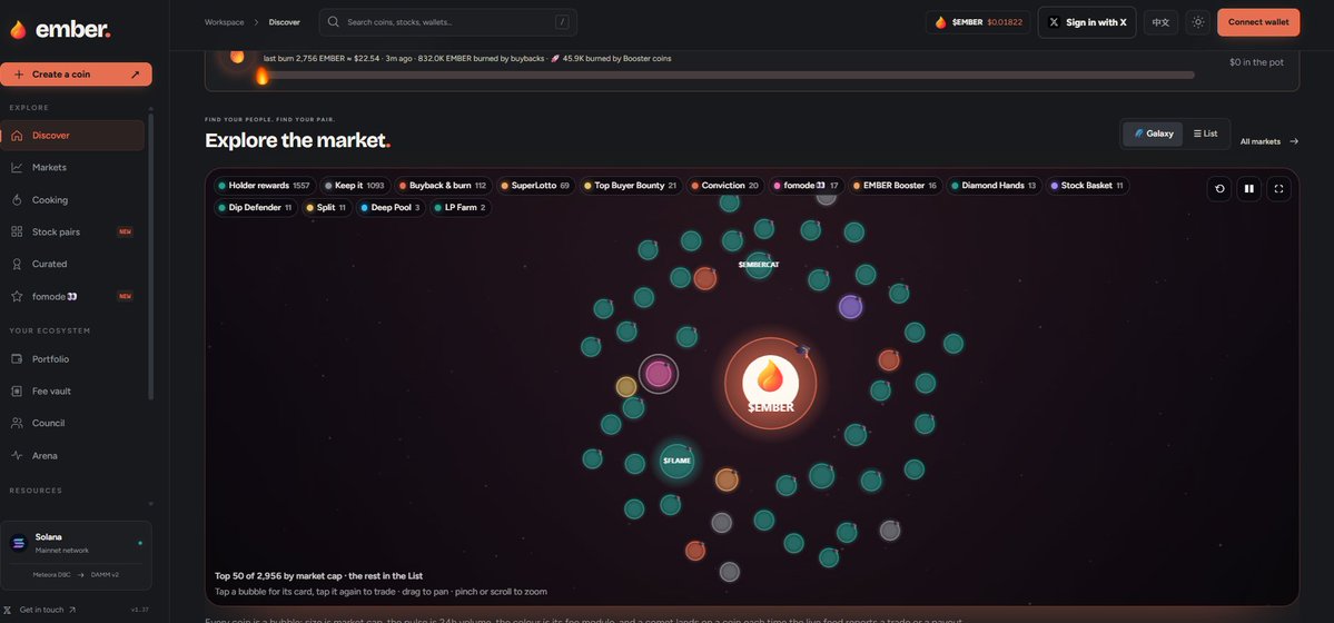 DegenCapitalLLC's tweet photo. $EMBER 

back to 20M 

Tell me of another site with clean UI like this? 

Dev adding new features everyday.

Curated launches coming up.

Ember mode https://t.co/rqbxMKPPvC