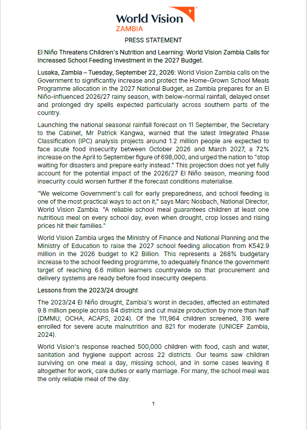 WorldVisionZamo's tweet photo. #PressStatement: World Vision Zambia urges the Government to boost and protect the Home-Grown School Meals Programme in the 2027 Budget amid El Niño risks. #ElNino #Drought #Partnerships #Schoolmeals https://t.co/nrzSmil6Wv