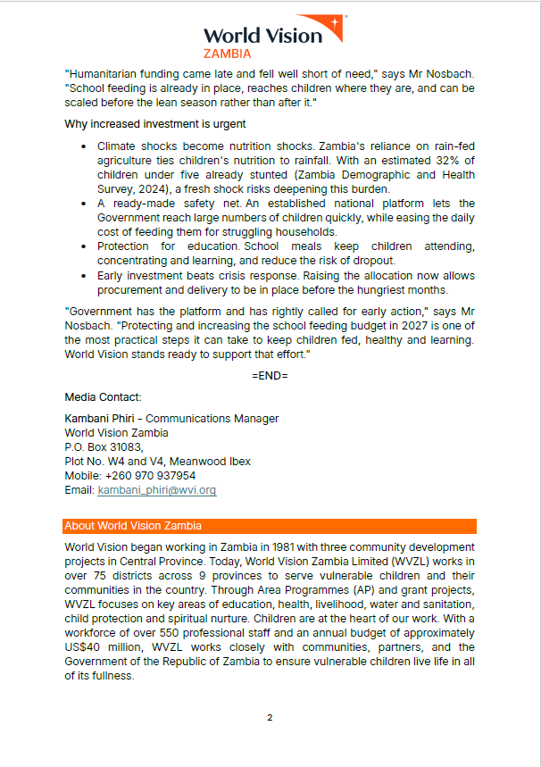 WorldVisionZamo's tweet photo. #PressStatement: World Vision Zambia urges the Government to boost and protect the Home-Grown School Meals Programme in the 2027 Budget amid El Niño risks. #ElNino #Drought #Partnerships #Schoolmeals https://t.co/nrzSmil6Wv