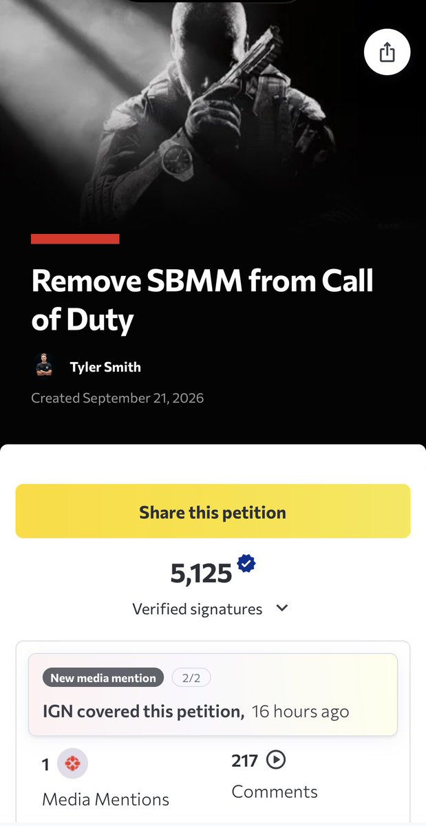 tdawgsmitty's tweet photo. If you have a job and a life and missed my petition to remove sbmm in call of duty, it’s not at over 5,000 signatures. 

Keep sharing and let’s see if we can’t make some meaningful change https://t.co/zDrQTw3sCw