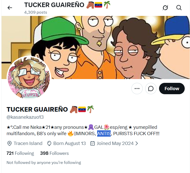 Ethoswaifuwu's tweet photo. Acusas a gente de ser misoginos por los fanarts que les gusta, hacen o quieren y tienes "ANTIS FCK OFF" en tu bio...

Hay que ser tremenda caradura. https://t.co/Mv7jqRmvwC