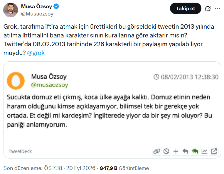 malumatfurusorg's tweet photo. Yeni Akit, ‘Gıda Dedektifi’ adlı sosyal medya hesabını ve girişimi yöneten Musa Özsoy'un 2013 yılında attığı ve "domuz eti propagandası" yaptığı iddiasıyla bir tweet görseli paylaştı.

Ancak bu tweet görseli sahte. 

2013 yılında bu tweeti atmak mümkün değildi.

X, eski adıyla Twitter, 140 karakterlik sınırını 2017 yılı Kasım ayında 280'e çıkardı. 
https://t.co/yaEBtqj5ib

"Sucukta domuz eti çıkmış, koca ülke ayağa kalktı. Domuz etinin neden haram olduğunu kimse açıklayamıyor, bilimsel tek bir gerekçe yak ortada. Et değil mi kardeşim? İngilterede yiyor da bir şey mi oluyor? Bu paniği anlamıyorum." ifadeleri (boşluklu) 225 (boşluksuz 191) karakterden oluşuyor.

@Musaozsoy da bahse konu tweetin kendisine ait olmadığını beyan etti.