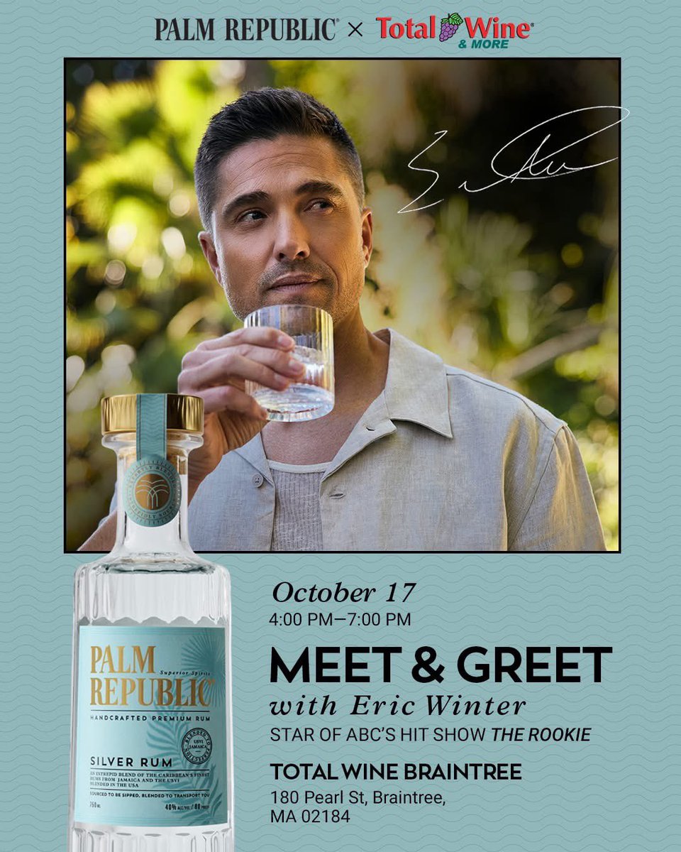 ericwinterfeed's tweet photo. 🚨 | Eric Winter will be in Massachusetts on October 17th for two Palm Republic bottle signing events! 

— 11am-2pm Total Wine Natick
— 4-7pm Total Wine Braintree https://t.co/XflKMaxDby