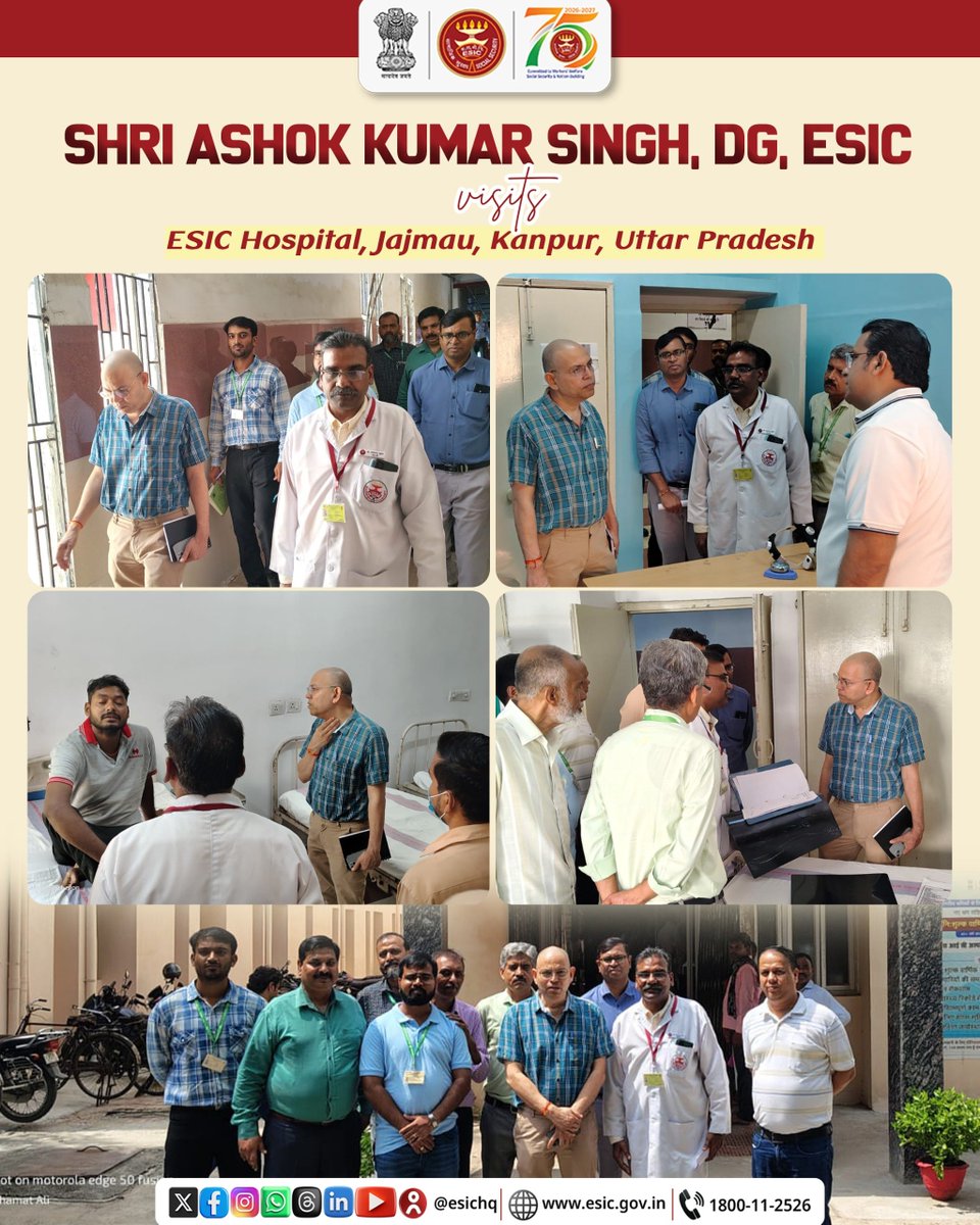 esichq's tweet photo. Shri Ashok Kumar Singh, DG, ESIC, visited ESIC Hospital, Jajmau, Kanpur, Uttar Pradesh and reviewed the overall functioning of the hospital.
During the visit, he interacted with doctors, staff & patients, reviewed healthcare delivery & hospital infrastructure and sought feedback on patient care & services.

The visit provided valuable guidance towards further strengthening healthcare services and improving patient experience at the hospital.

#ESIC #ESICHospitalJajmau #Kanpur #PatientCare #Healthcare
