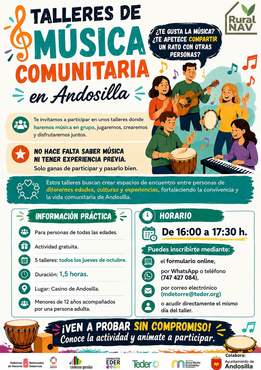 aytodeandosilla's tweet photo. Talleres de música comunitaria.
Inscripciones:
WhatsApp o teléfono: 747 427 084
o
E-mail: mdetorre@teder.org
#andosilla
#ayuntamientodeandosilla https://t.co/GtYLOsekJL
