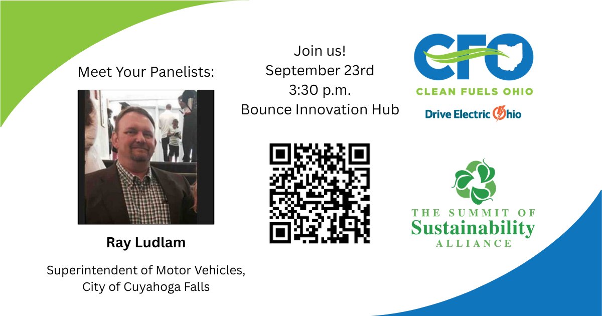 CleanFuelsOhio's tweet photo. Our last panelist is Ray Ludlam of the City of Cuyahoga Falls, a SoSA Core Team member organization! See you September 23rd at 3:30 p.m. at Bounce Innovation Hub.

You can also join us for Happy Hour following the panel at Missing Falls at 5:00 p.m.

https://t.co/AZn9NTo1Qh
1/2 https://t.co/rzACwHC86Z