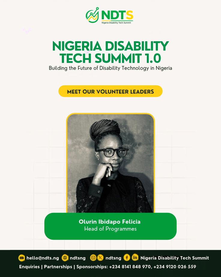 ndtsng's tweet photo. Meet Olurin Ibidapo Felicia, our Head of Programmes for NDTS 1.0. 💚 Welcome to the team! 🤝 #NDTS2026 #NigeriaDisabilityTechSummit https://t.co/Q0s1kSEdgS