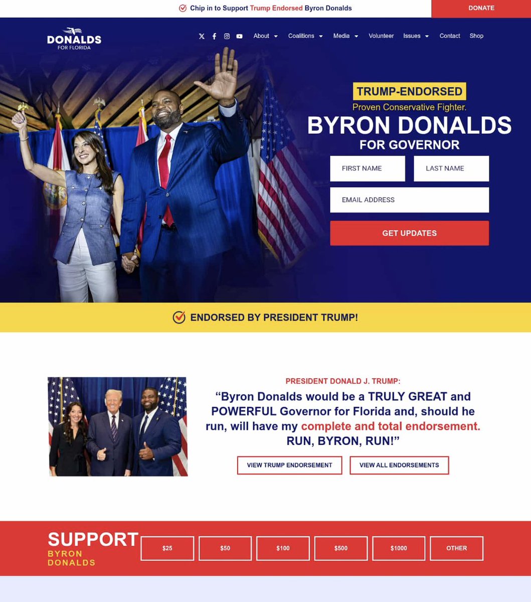 claireheddles's tweet photo. Byron Donalds' campaign updated his website this week stripping away numerous references to Trump's endorsement, removing his photo with the president and taking "enact the Trump agenda" off his issues page

https://t.co/U3sSqlAxoA https://t.co/ga0F3E3Dp4