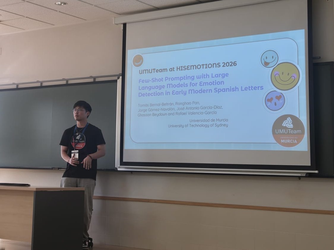 NLP_umuteam's tweet photo. @RonghaoPan presents our contribution entitled "UMUTeam at HISEMOTIONS 2026@IberLEF 2026: Few-Shot Prompting with Large Language Models for Emotion Detection in Early Modern Spanish Letters" at #IberLEF2026 @iberlef @sepln #SEPLN2026 https://t.co/s2XrlgXS3t