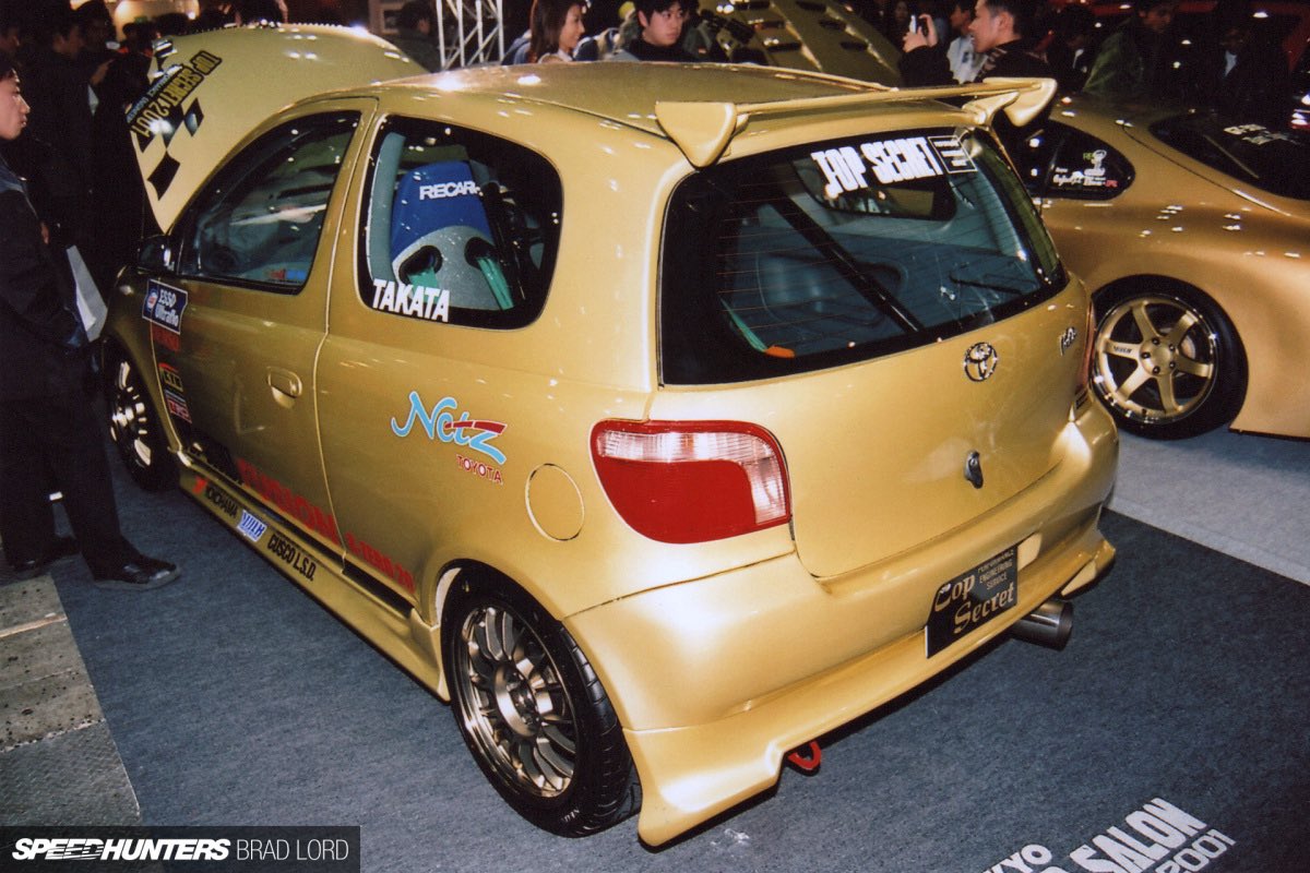 CarSighting's tweet photo. Have you seen Top Secret's demo car built on a Vitz? Shown at the 2001 Tokyo Auto Salon. Top Secret fitted an HKS turbo kit to the 1.0L 1SZ engine. https://t.co/o4QM0Y0hUV