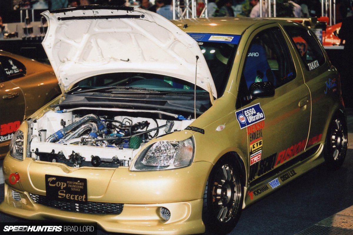 CarSighting's tweet photo. Have you seen Top Secret's demo car built on a Vitz? Shown at the 2001 Tokyo Auto Salon. Top Secret fitted an HKS turbo kit to the 1.0L 1SZ engine. https://t.co/o4QM0Y0hUV