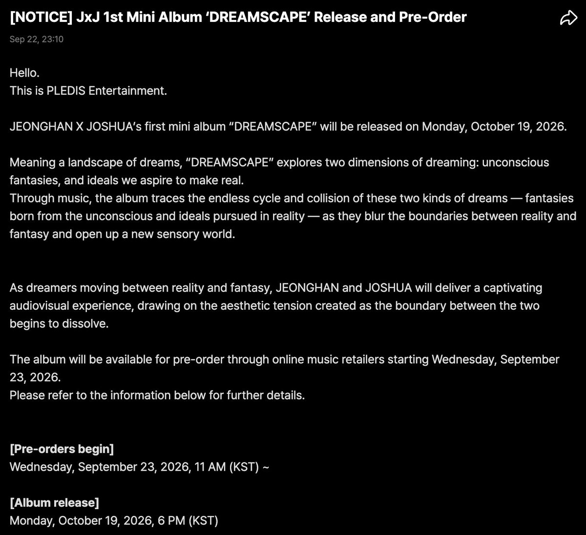 jisoohong_ph's tweet photo. [SCHEDULE] 261019

JxJ's First Mini Album 'DREAMSCAPE' will be released October 19, 2026, 6PM KST.

Pre-orders start Wednesday, September 23, 2026, 11AM KST.

#JxJ #정한X조슈아
#DREAMSCAPE https://t.co/V4dbNVpEUz