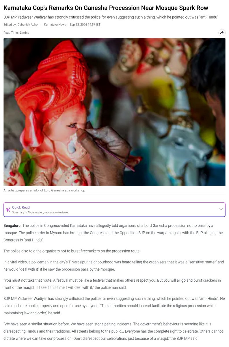 Politicsforgets's tweet photo. The double standards and selective outrage of the Congress party stand exposed once again!

The issue is not just the elephant. The issue is Lord Ganesh.

Recently, in Mysuru, Karnataka, a controversy erupted over police restrictions and remarks concerning a Lord Ganesh procession near a mosque under the Congress government led by D.K. Shivakumar.

Congress’s history of intolerance around Lord Ganesh celebrations is something hardly anyone remembers today.

In March 1992, during the Congress government in Andhra Pradesh under then Chief Minister N. Janardhana Reddy, the administration reportedly imposed restrictions on the traditional centralised Ganesh procession and did not allow immersion of Ganesh idols at Hyderabad’s Tank Bund.

So, this is not merely about elephants. However, his agenda is flawed here as well. Former Union Minister and senior Congress leader P. Chidambaram is pushing a narrative about a “decline” in elephant numbers. But India’s latest elephant estimation introduced the country’s first DNA based population estimation, using more than 21,000 dung samples and genetic mark-recapture methods. The Wildlife Institute of India itself describes this as a major methodological shift, making a direct comparison with the 2017 visual estimates difficult.

This is the typical Congress style: set the agenda, create a narrative, and push a misleading storyline.