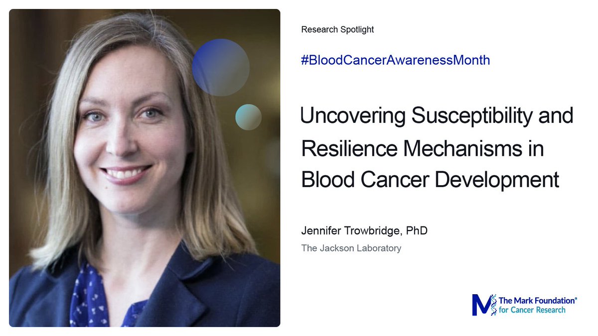 TheMarkFdn's tweet photo. This #BloodCancerAwarenessMonth, we’re spotlighting 2023 Emerging Leader Award winner Jennifer Trowbridge (@TrowbridgeLab) of @JacksonLab. She’s looking for answers to a big question: why aging blood cells develop into cancer in some individuals but not others. https://t.co/mOqv6BCsGW