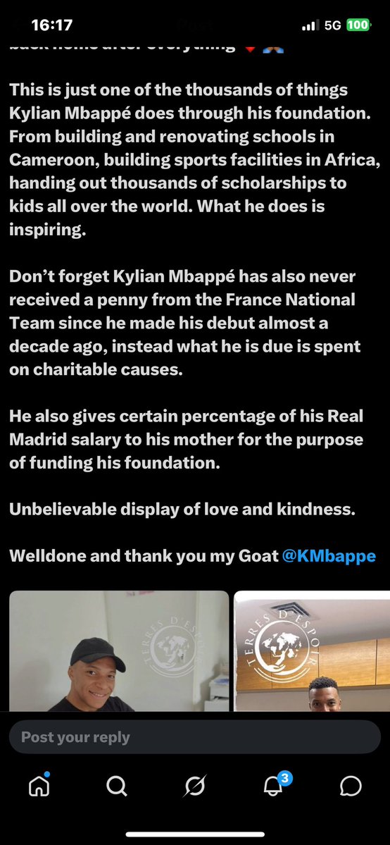 CallmePat_ricia's tweet photo. If Kylian Mbappé says he wants to dedicate his Ballon d’Or to Africa, you’ll shut up and listen to the man who has actually given back to children in his African community through his foundation and humanitarian work. https://t.co/goezqLZT2J