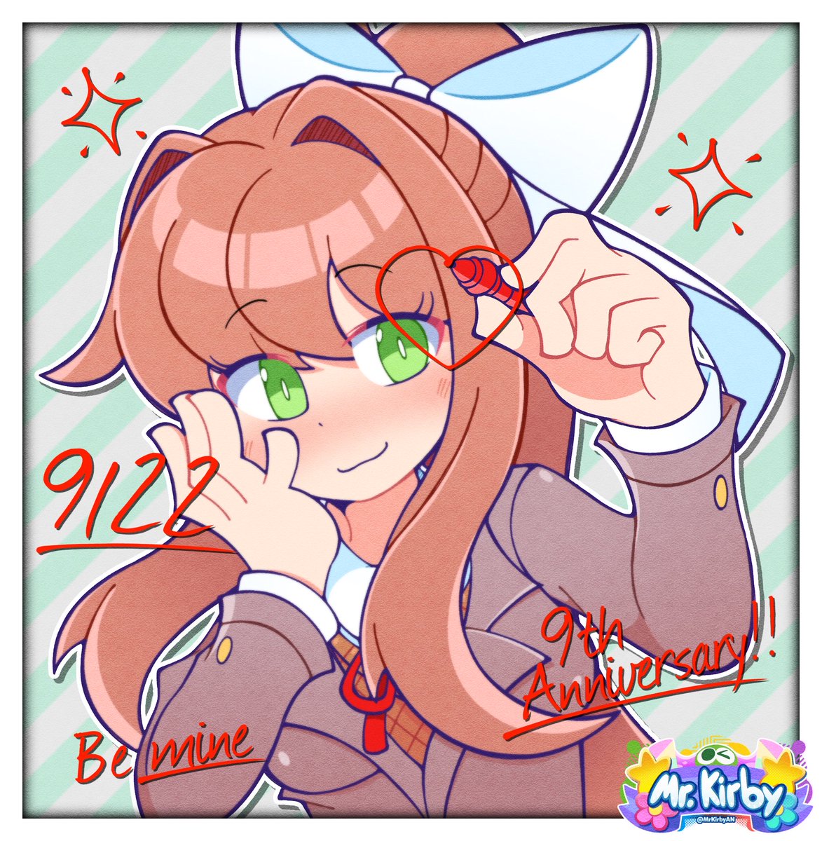 MrKirbyAN's tweet photo. 🖋️🎉 Happy 9th Anniversary to #DDLC and Happy Birthday Monika!! (and me coincidentally lol) 🎉🖋️

Very happy to have randomly gotten into this game and its community recently, it’s been a fun ride!! https://t.co/CF2EzgYPKC