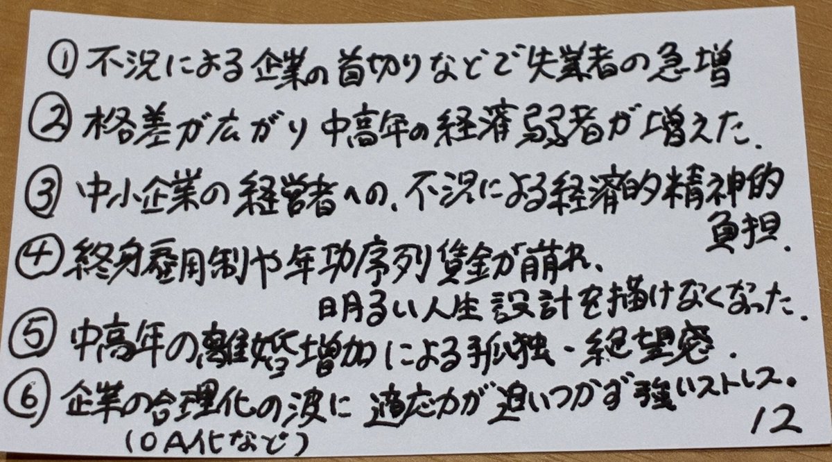 gocha_mental's tweet photo. 中高年（お��に男性？）の自殺が増えた要因や背景として考えられることの一例。少し古めの本で挙げられていた内容です。参考までに。個人的には特に⑥を身近に感じます。 https://t.co/ycg5HrcvbC